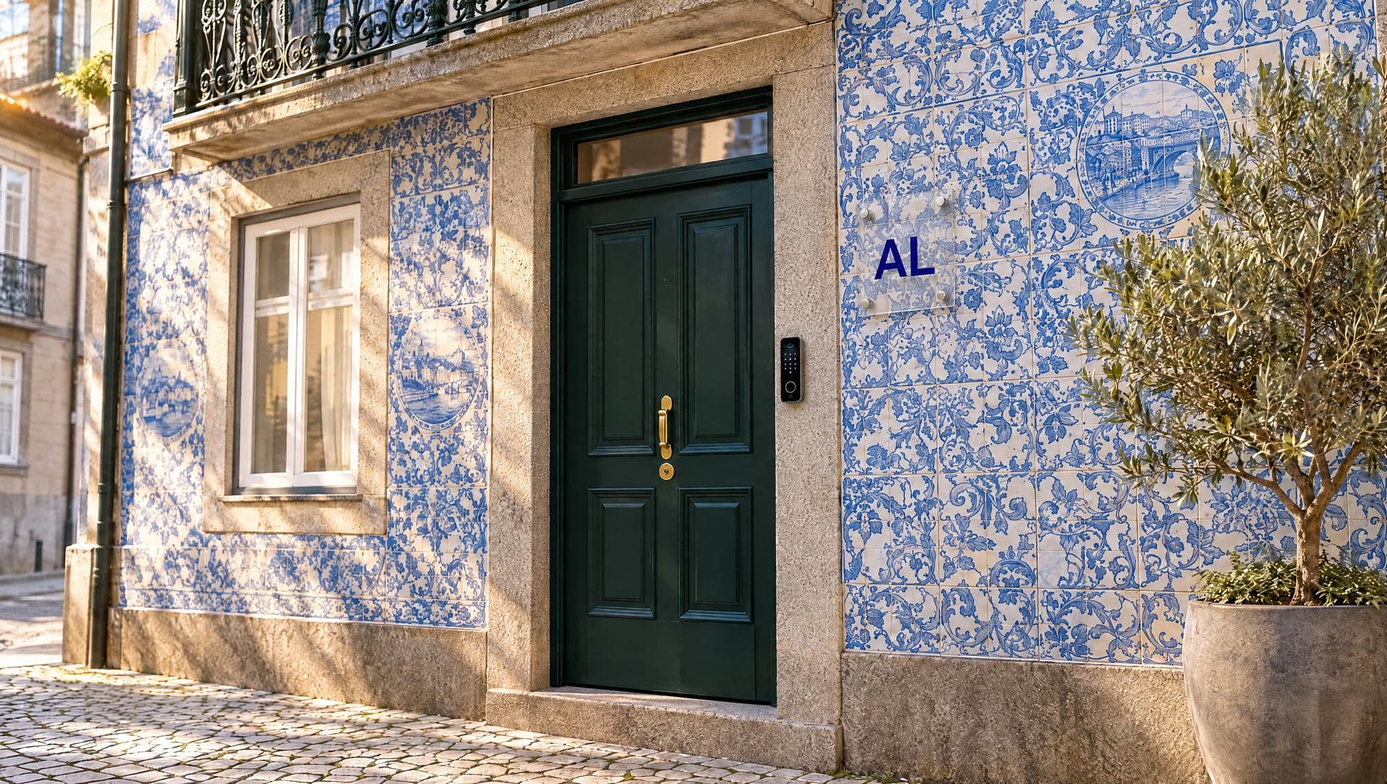 The entrance of a tiled Porto townhouse with the holiday rental plaque