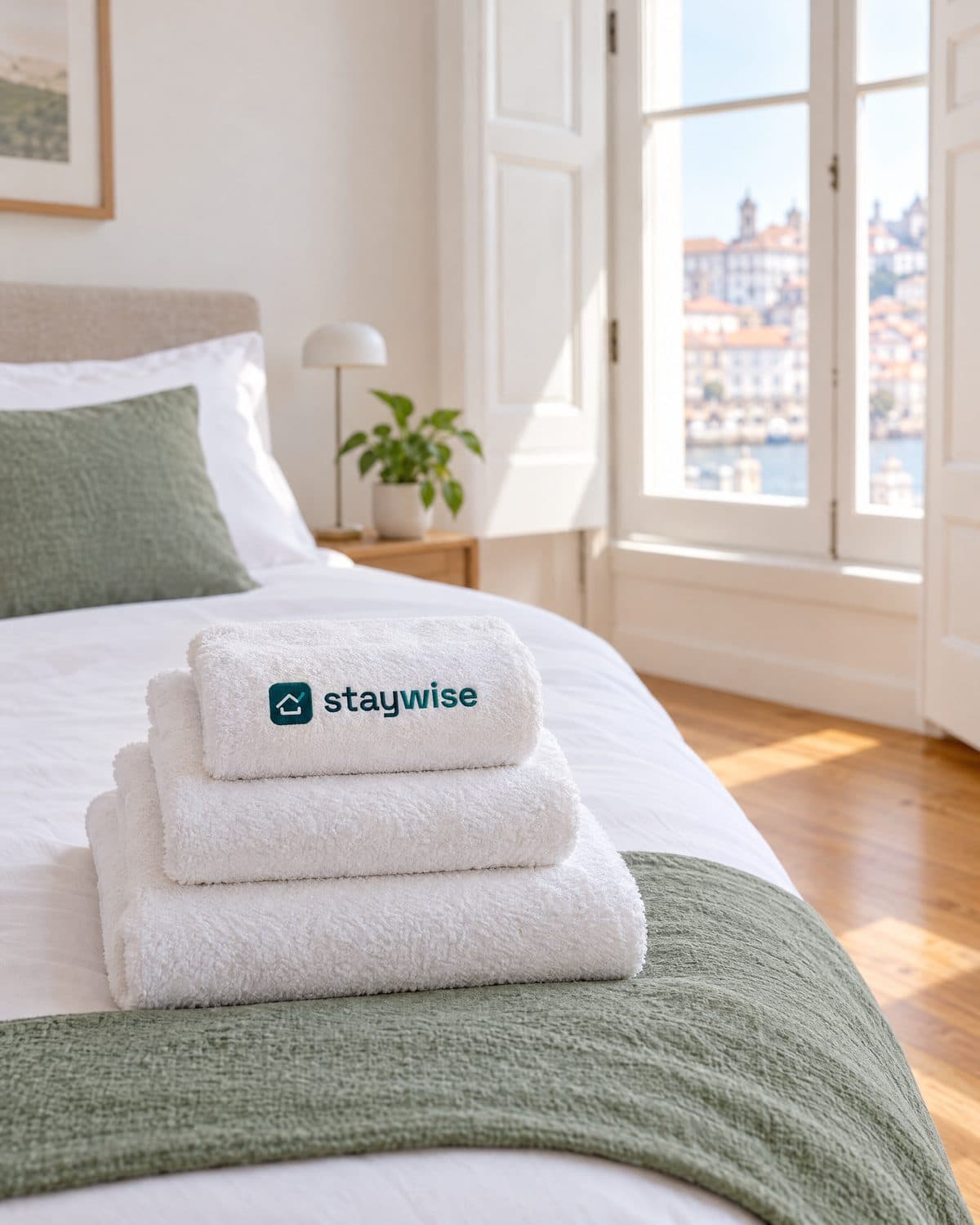 Cama feita com toalhas dobradas e o logótipo StayWise bordado, num quarto com vista para o Porto