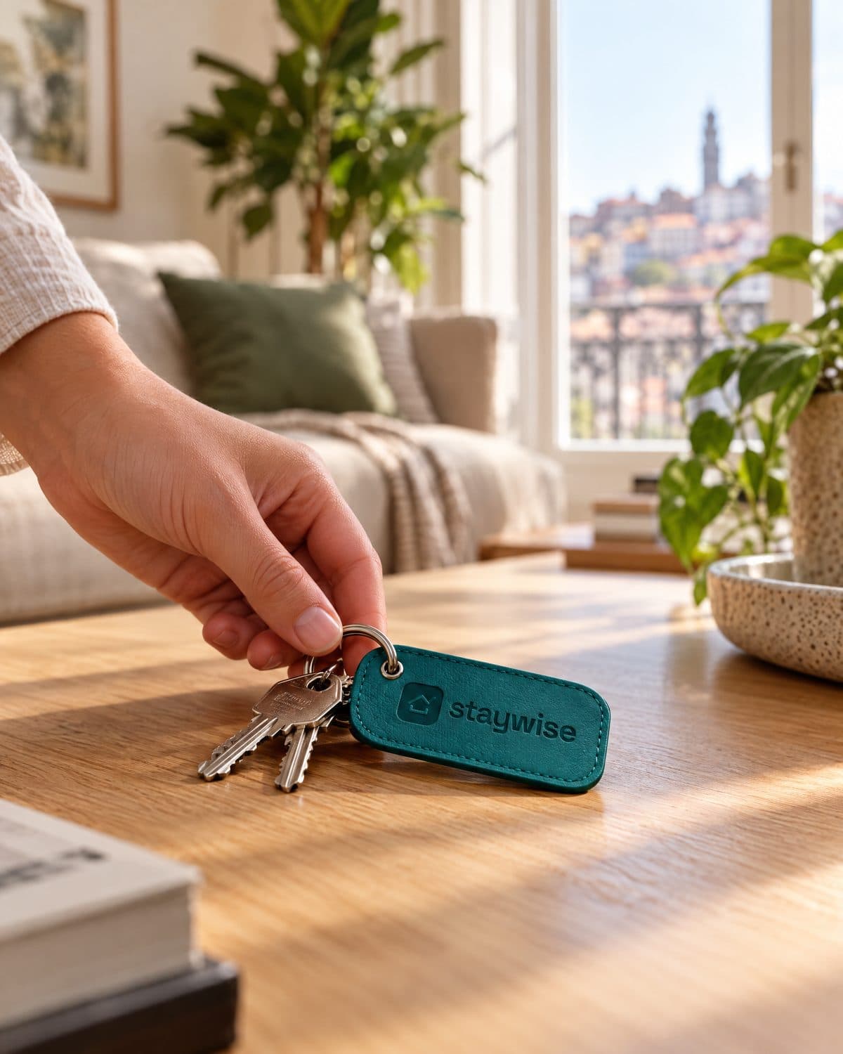 Mão a pousar as chaves de uma casa, com um porta-chaves StayWise, numa sala com luz natural
