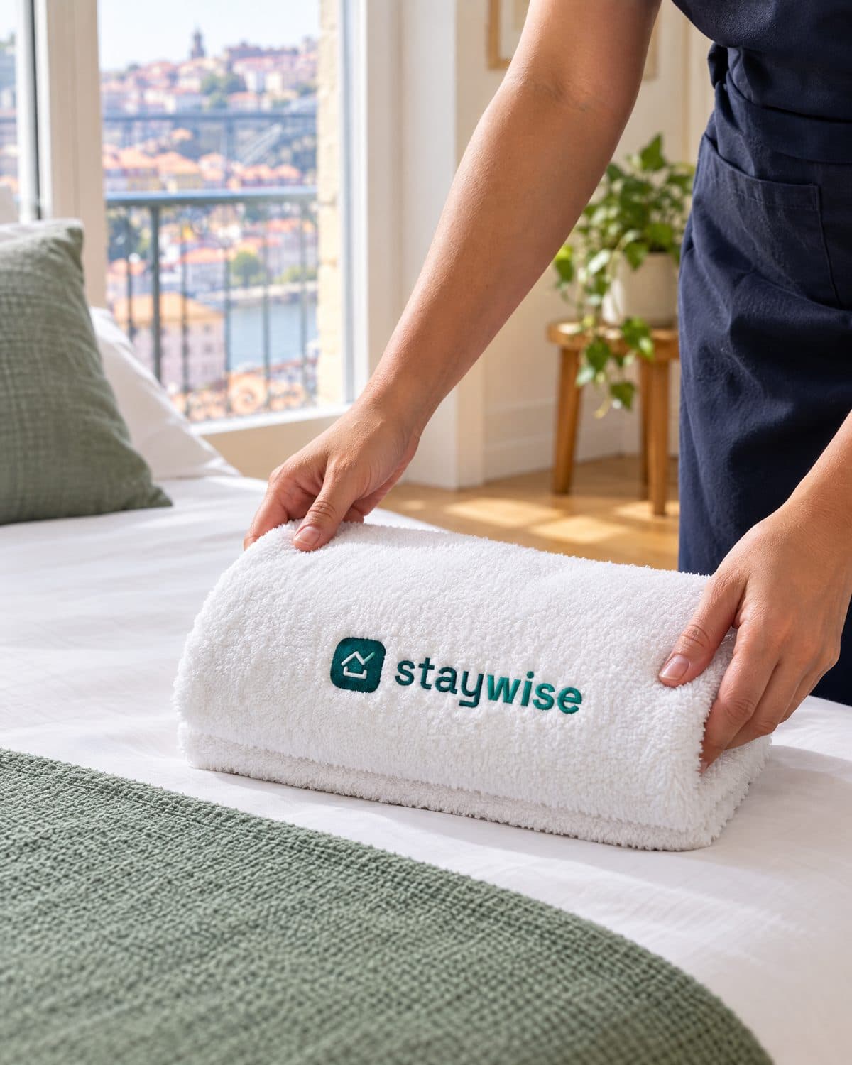 Mãos a preparar uma cama com uma toalha StayWise, num quarto com vista para o Porto