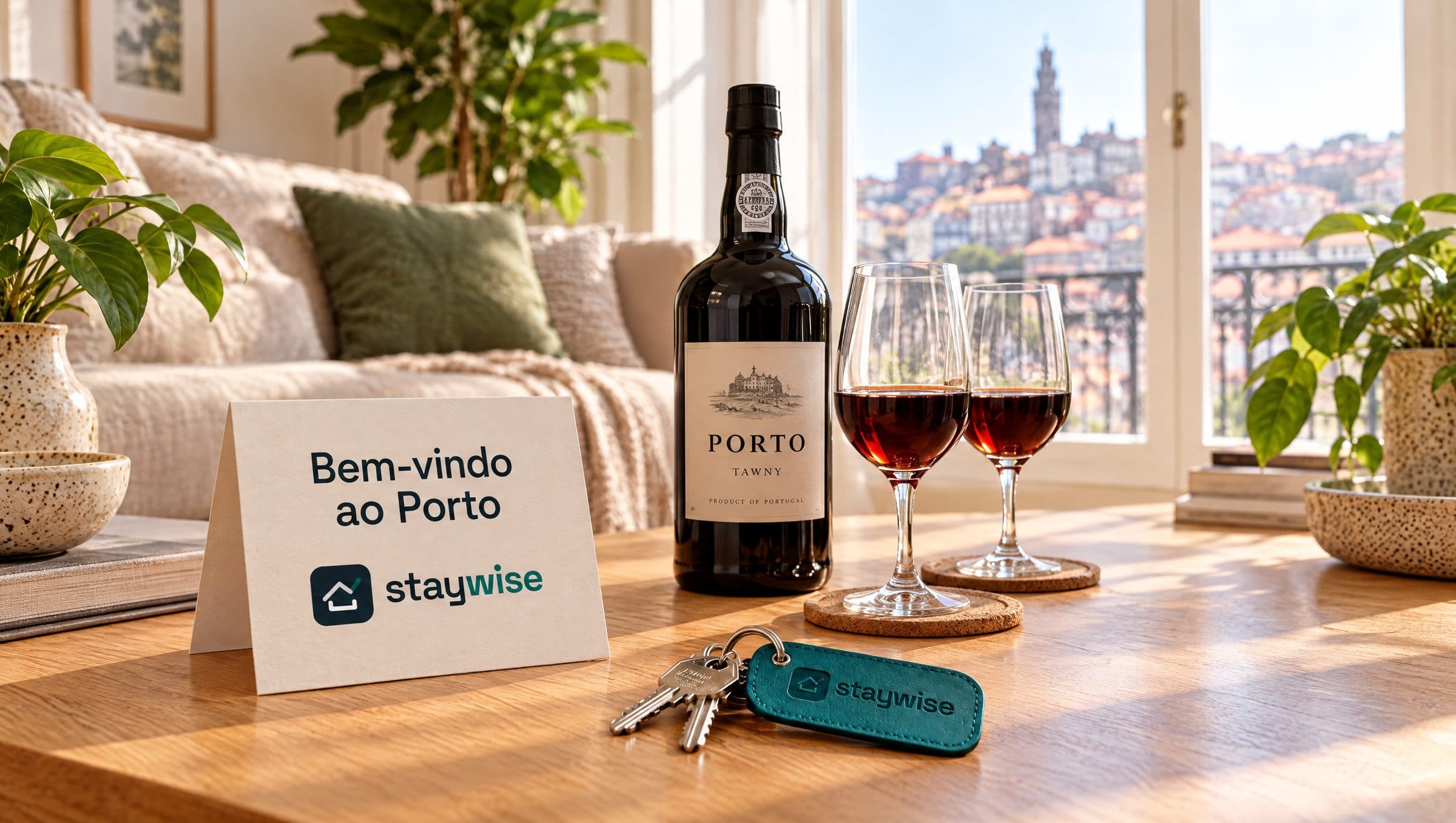 A «Welcome to Porto» card and StayWise keys in a living room overlooking Porto