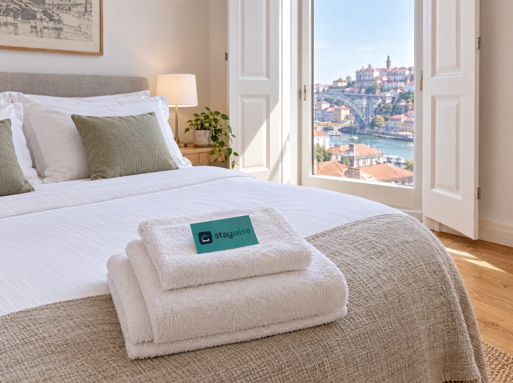 A made bed with folded towels and a StayWise card
